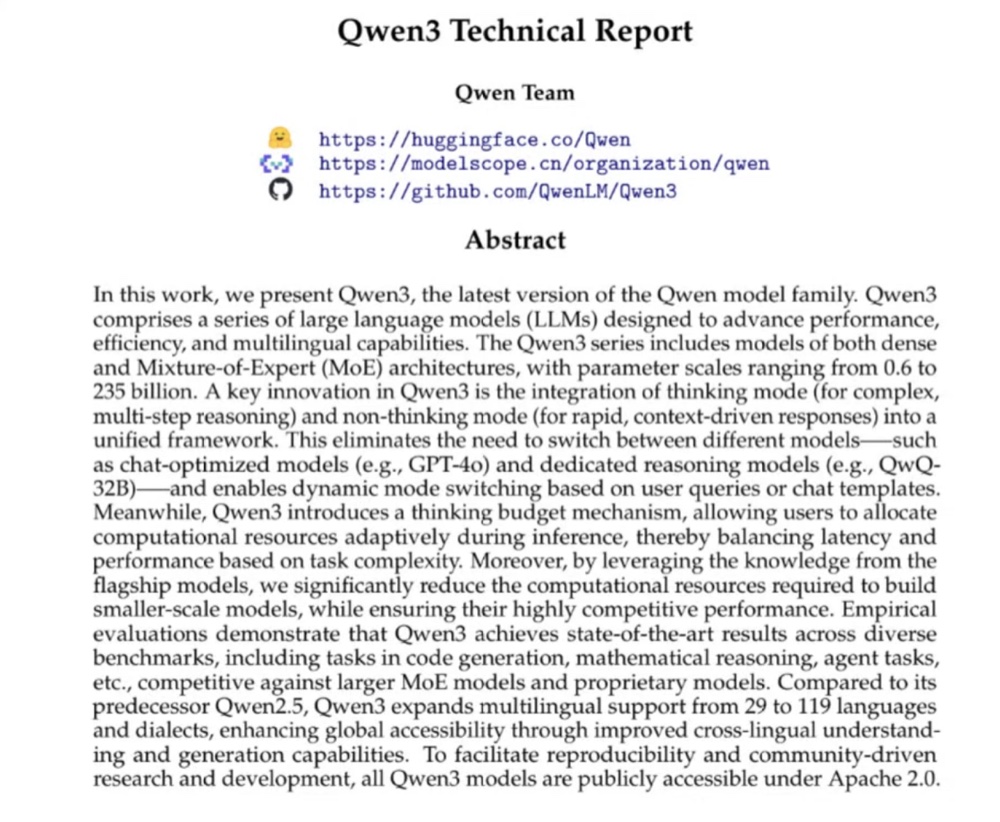 Title page and abstract of the Qwen3 Technical Report, which describes using knowledge from flagship models to train competitive smaller models with less compute.