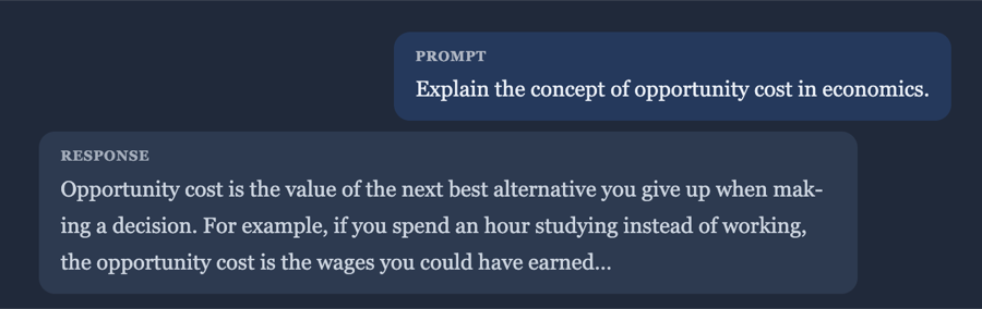 RLHF example: a prompt asking to explain opportunity cost in economics, with an open-ended prose response and no verification step, since a reward model must judge subjective quality