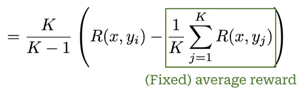 The same advantage rewritten as K over K minus 1, times the quantity R(x, y_i) minus one over K times the sum over j from 1 to K of R(x, y_j). The subtracted term is boxed and labelled the fixed average reward, now taken over all K completions including the i-th.