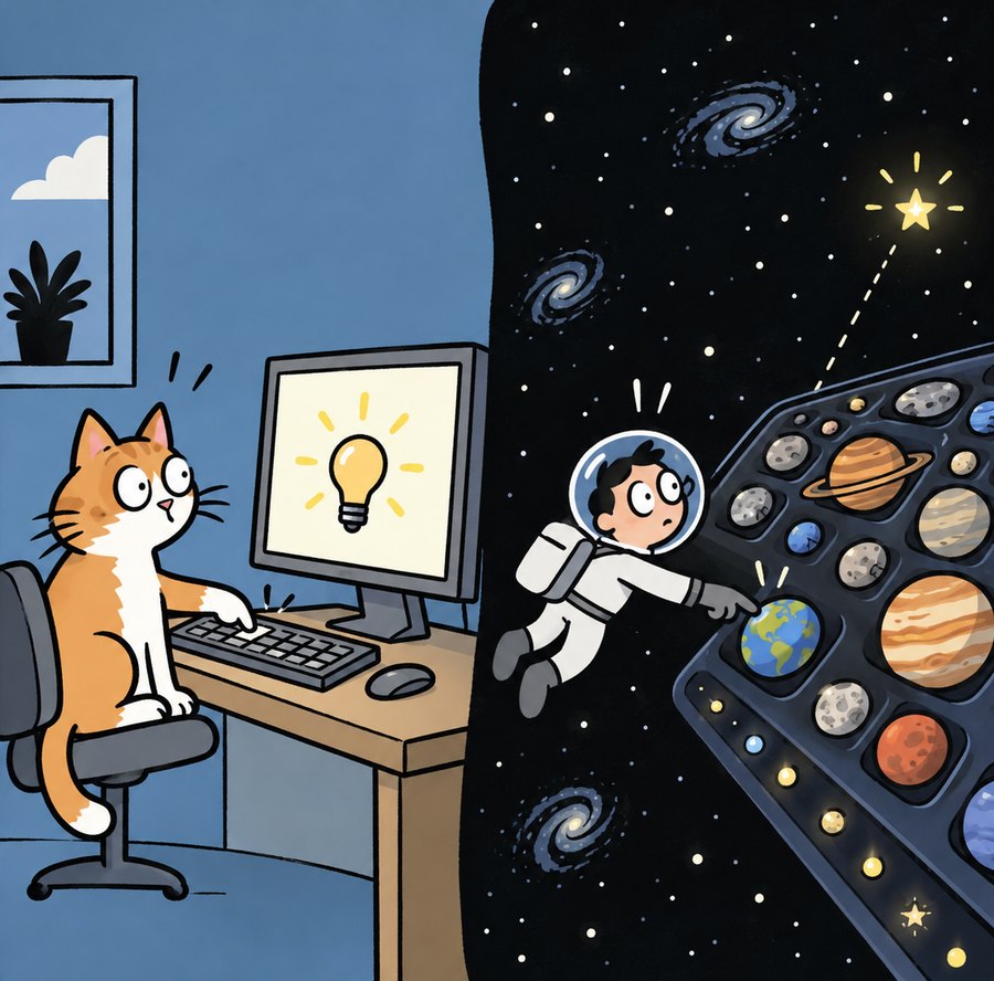 Cartoon panel split down the middle. On the left a cat sits in an office chair at a desk, one paw on a keyboard, in front of a monitor showing a lightbulb, with surprise marks above its head. On the right an astronaut floats in starry space among spiral galaxies, reaching with the same surprise marks toward an enormous dark console studded with planets, one of them Earth.