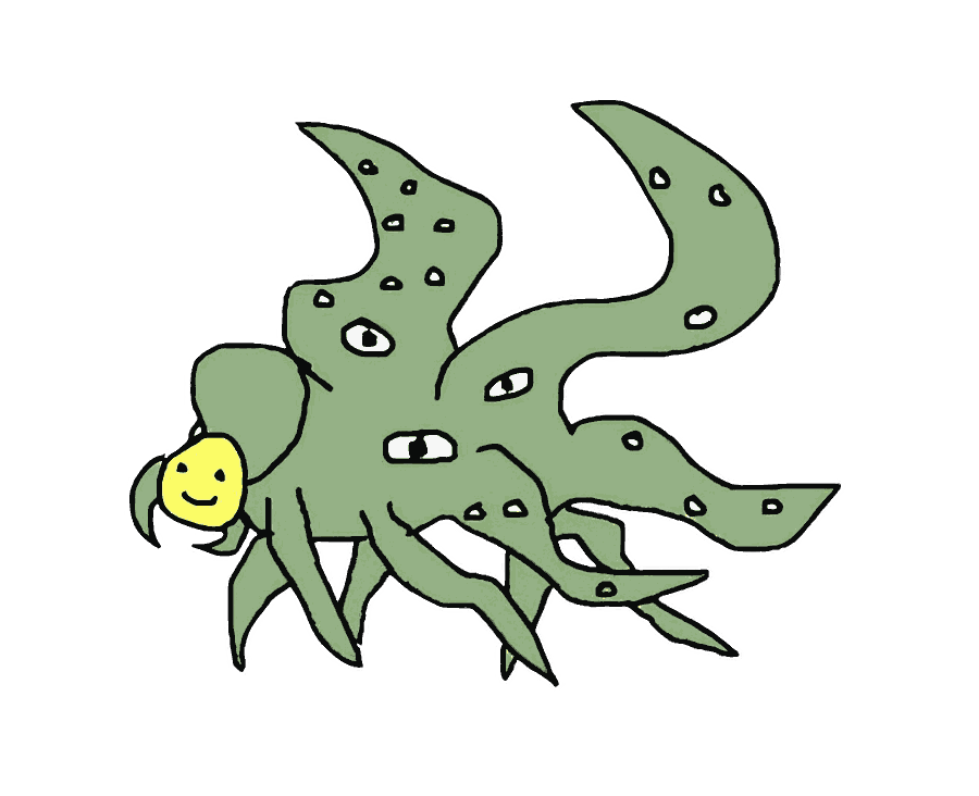 Cartoon drawing of a green many-eyed tentacled Shoggoth with a small yellow smiley face mask held over one end of it, far too small to cover the creature behind it.